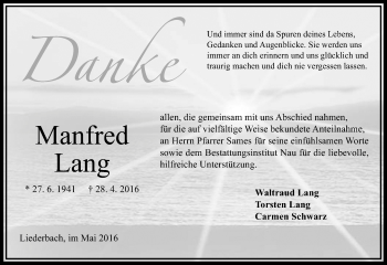 Traueranzeige von Manfred Lang von VRM Trauer