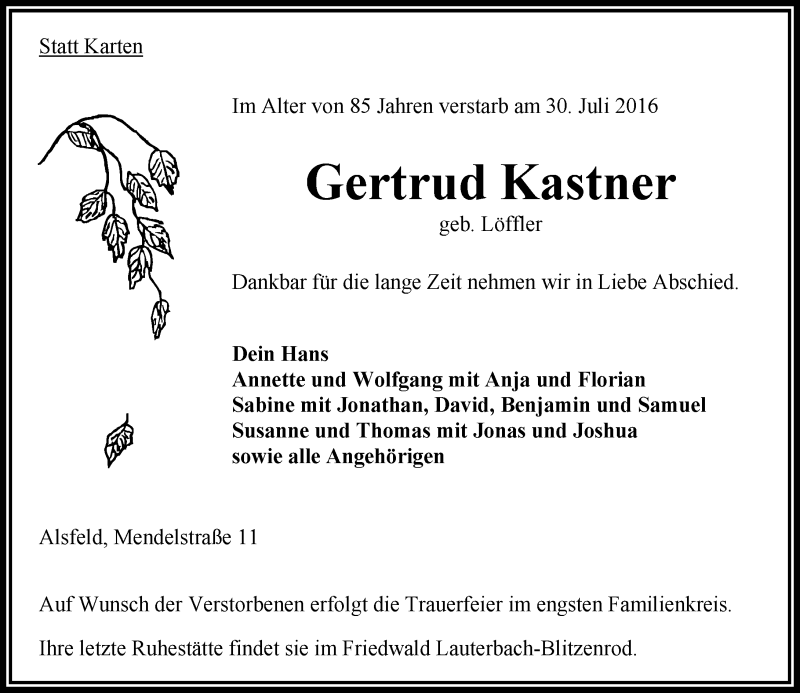  Traueranzeige für Gertrud Kastner vom 06.08.2016 aus VRM Trauer
