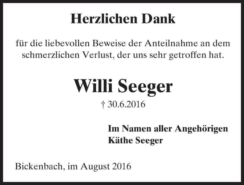  Traueranzeige für Willi Seeger vom 03.08.2016 aus Trauerportal Echo Online