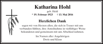 Traueranzeige von Katharina Hohl von  Camberger Anzeiger