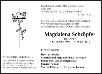 Traueranzeige von Magdalena Schröpfer von  Camberger Anzeiger