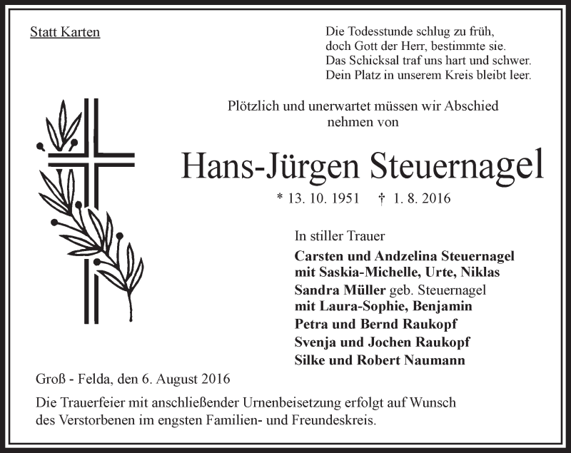  Traueranzeige für Hans-Jürgen Steuernagel vom 06.08.2016 aus VRM Trauer