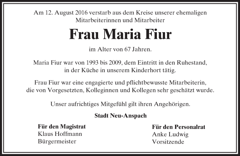  Traueranzeige für Maria Fiur vom 18.08.2016 aus  Usinger Anzeiger