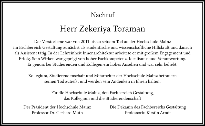  Traueranzeige für Zekeriya Toraman vom 20.08.2016 aus Trauerportal Rhein Main Presse