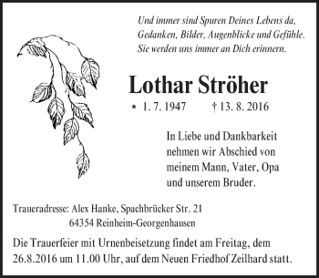 Traueranzeige von Lothar Ströher von Trauerportal Echo Online