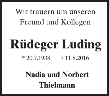 Traueranzeige von Rüdeger Luding von Trauerportal Rhein Main Presse
