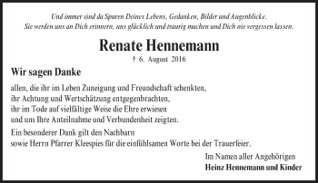 Traueranzeige von Renate Hennemann von Trauerportal Echo Online