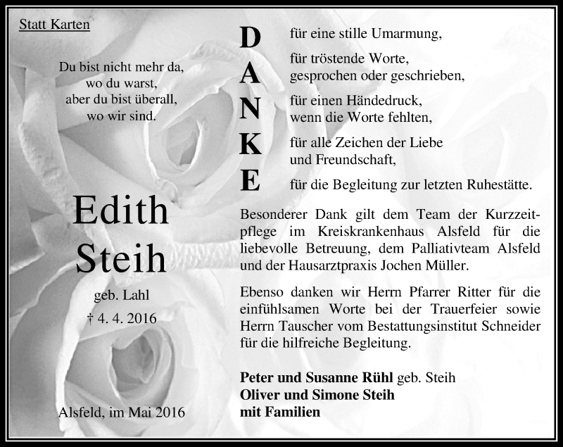  Traueranzeige für Edith Steih vom 07.05.2016 aus VRM Trauer