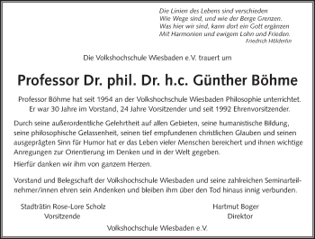 Traueranzeige von Günther Böhme von Trauerportal Rhein Main Presse
