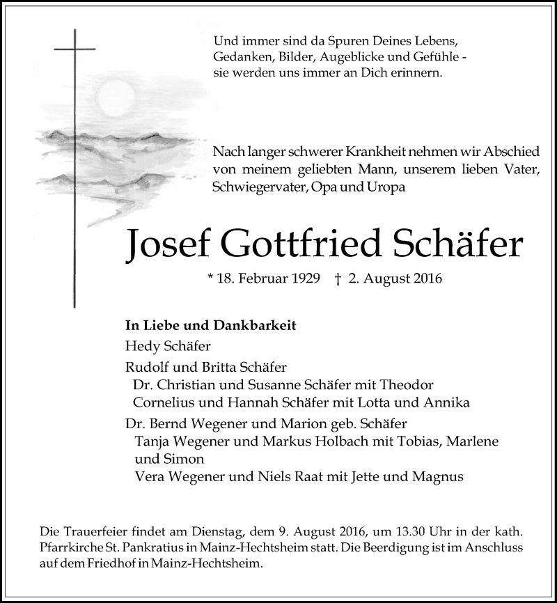  Traueranzeige für Josef Gottfried Schäfer vom 06.08.2016 aus Trauerportal Rhein Main Presse