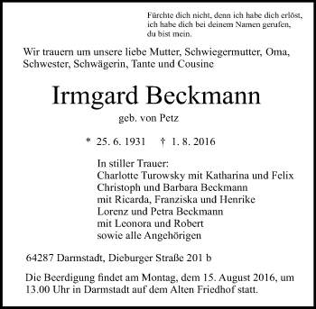 Traueranzeige von Irmgard Beckmann von Trauerportal Echo Online