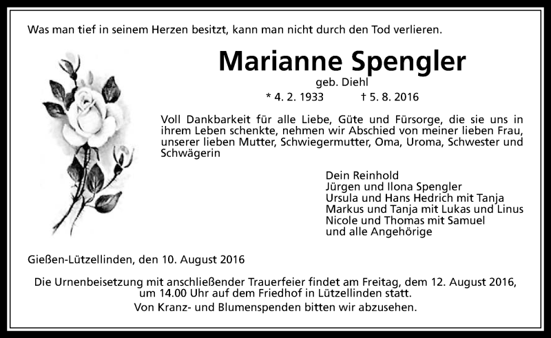  Traueranzeige für Marianne Spengler vom 10.08.2016 aus  Gießener Anzeiger