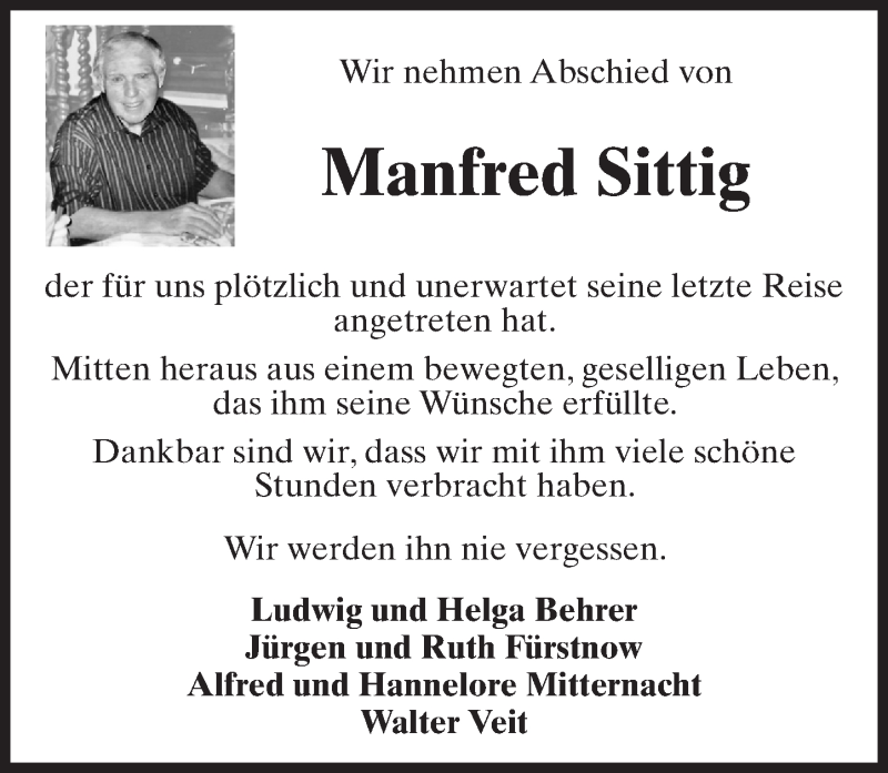  Traueranzeige für Manfred Sittig vom 02.08.2016 aus Trauerportal Rhein Main Presse