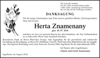 Traueranzeige von Herta Znamenany von Trauerportal Rhein Main Presse
