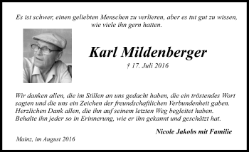 Traueranzeige von Karl Mildenberger von Trauerportal Rhein Main Presse