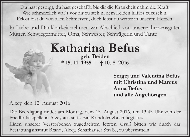  Traueranzeige für Katharina Befus vom 12.08.2016 aus Trauerportal Rhein Main Presse