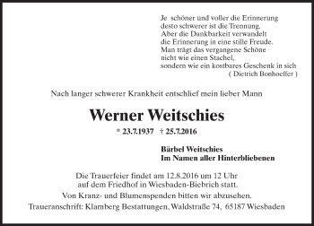 Traueranzeige von Werner Weitschies von Trauerportal Rhein Main Presse