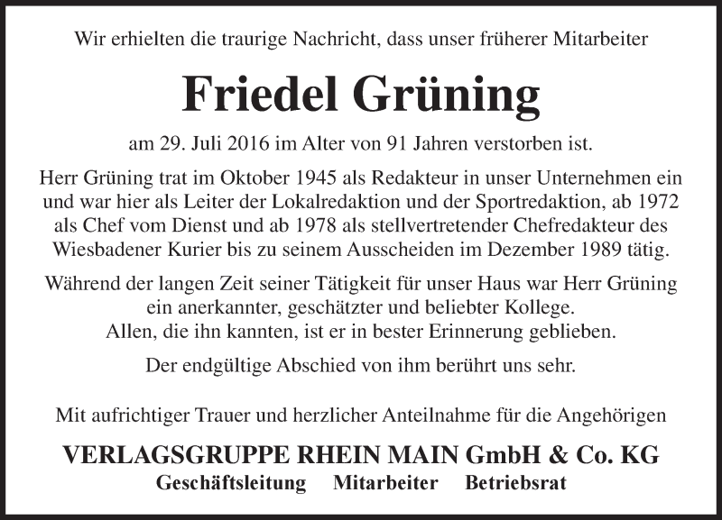  Traueranzeige für Friedel Grüning vom 06.08.2016 aus Trauerportal Rhein Main Presse
