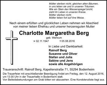 Traueranzeige von Charlotte Berg von Trauerportal Rhein Main Presse