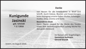 Traueranzeige von Kunigunde Jasinski von Trauerportal Rhein Main Presse
