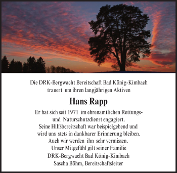 Traueranzeige von Hans Rapp von Trauerportal Echo Online