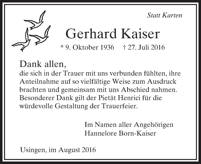  Traueranzeige für Gerhard Kaiser vom 13.08.2016 aus  Usinger Anzeiger