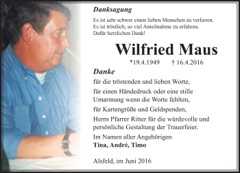 Traueranzeige von Wilfried Maus von VRM Trauer