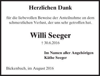 Traueranzeige von Willi Seeger von Trauerportal Echo Online