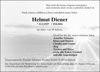 Traueranzeige von Helmut Diener von Trauerportal Rhein Main Presse