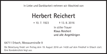 Traueranzeige von Herbert Reichert von Trauerportal Echo Online