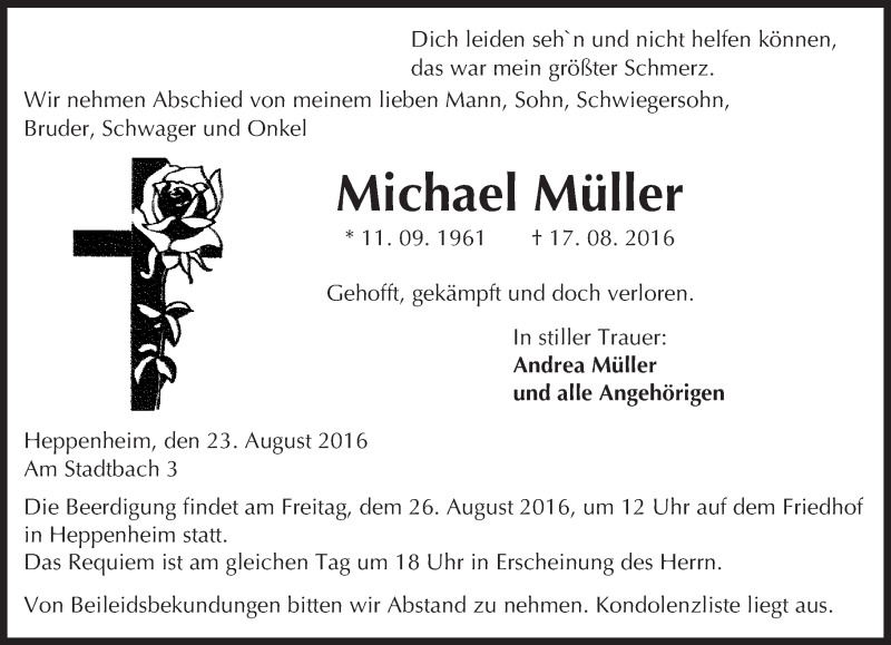  Traueranzeige für Michael Müller vom 23.08.2016 aus Trauerportal Echo Online
