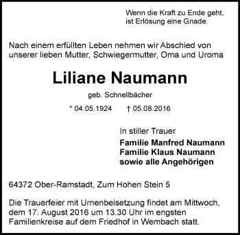 Traueranzeige von Liliane Naumann von Trauerportal Echo Online
