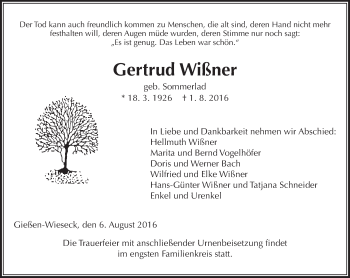 Traueranzeige von Gertrud Wißner von  Gießener Anzeiger