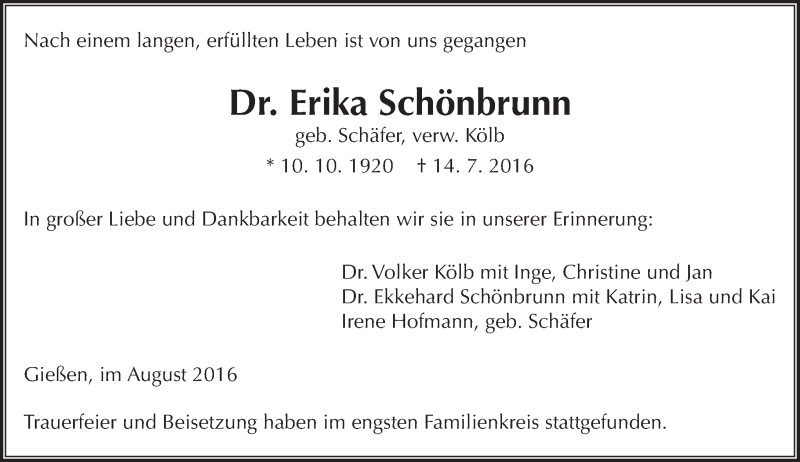  Traueranzeige für Erika Schönbrunn vom 20.08.2016 aus  Gießener Anzeiger