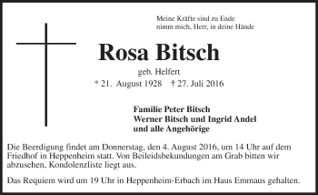 Traueranzeige von Rosa Bitsch von Trauerportal Echo Online