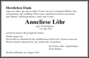 Traueranzeige von Anneliese Löhr von  Usinger Anzeiger