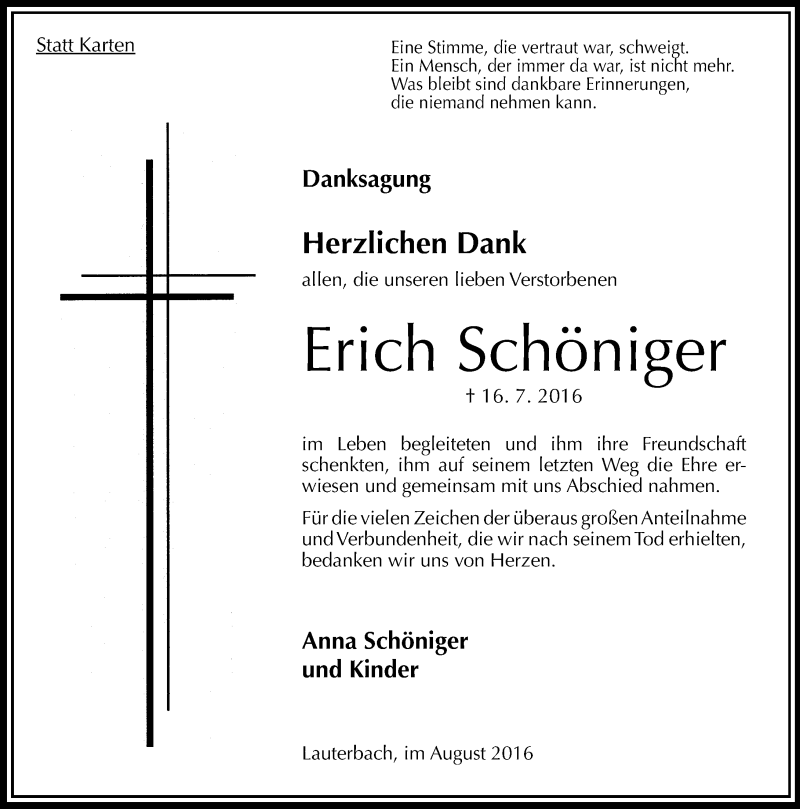 Traueranzeige für Erich Schöniger vom 26.08.2016 aus VRM Trauer