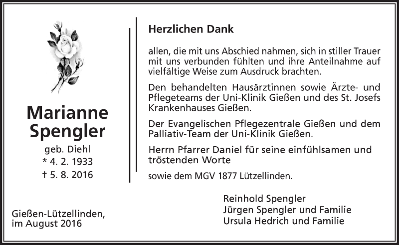  Traueranzeige für Marianne Spengler vom 27.08.2016 aus  Gießener Anzeiger