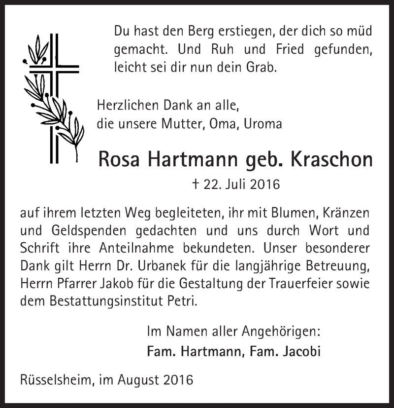  Traueranzeige für Rosa Hartmann vom 04.08.2016 aus Trauerportal Rhein Main Presse