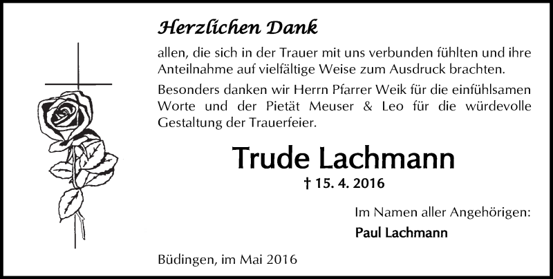  Traueranzeige für Trude Lachmann vom 14.05.2016 aus  Kreisanzeiger
