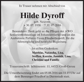 Traueranzeige von Hilde Dyroff von Trauerportal Echo Online