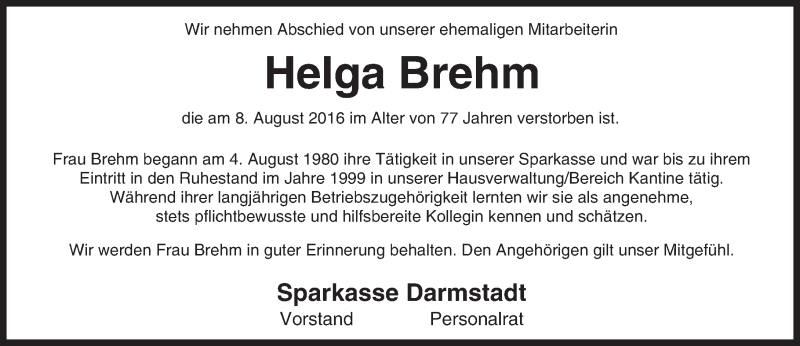  Traueranzeige für Helga Brehm vom 27.08.2016 aus Trauerportal Echo Online