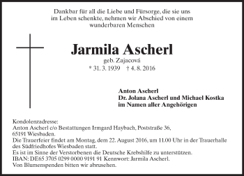 Traueranzeige von Jarmila Ascherl von Trauerportal Rhein Main Presse