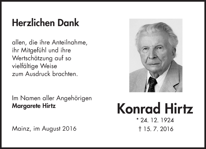  Traueranzeige für Konrad Hirtz vom 27.08.2016 aus Trauerportal Rhein Main Presse