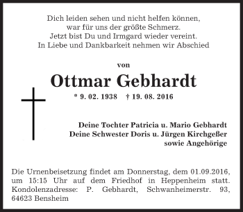 Traueranzeige von Ottmar Gebhardt von Trauerportal Rhein Main Presse