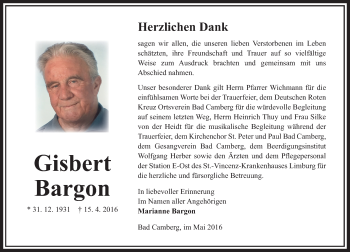 Traueranzeige von Gisbert Bargon von  Camberger Anzeiger