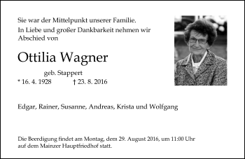 Traueranzeige von Ottilia Wagner von Trauerportal Rhein Main Presse