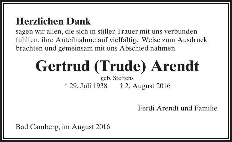  Traueranzeige für Gertrud Arendt vom 11.08.2016 aus  Camberger Anzeiger