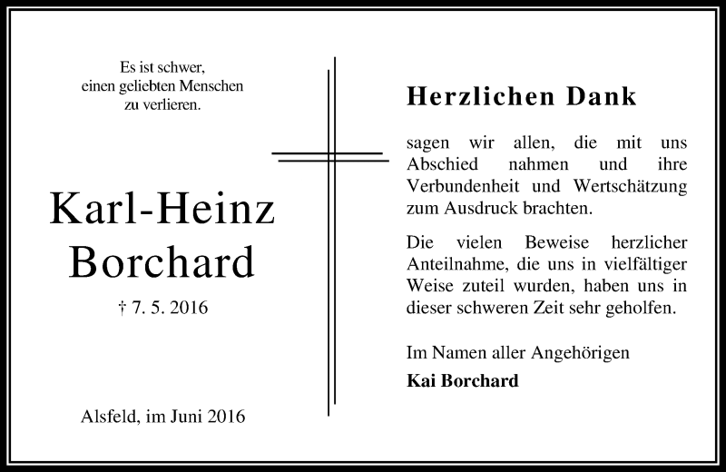  Traueranzeige für Karl-Heinz Borchard vom 25.06.2016 aus VRM Trauer