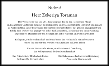 Traueranzeige von Zekeriya Toraman von Trauerportal Rhein Main Presse